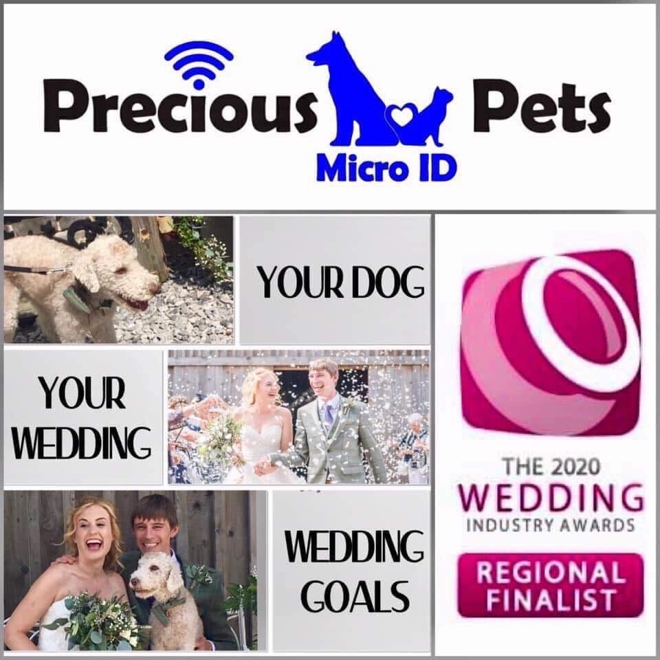 An image featuring the "Precious Pets" logo, a wedding chaperone service, and a badge indicating they were a regional finalist in the 2020 wedding industry awards