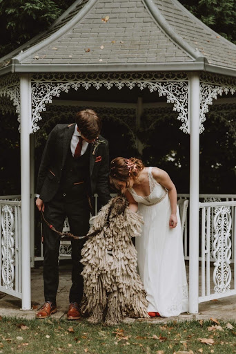 A man in a suit and a woman in a wedding dress are stood under a gazebo giving attention to a large shaggy dog, part of our wedding chaperone post
