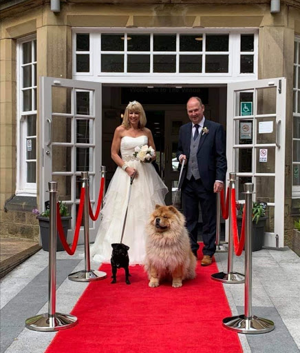 A bride and groom stand on a red carpet outside a set of double doors, each holding a leashed dog, a black pug and a larger fluffy dog, part of our wedding chaperone post