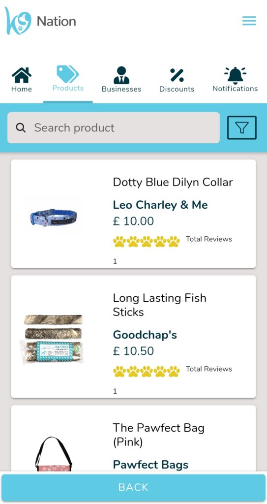 Benefits of claiming a listing - A screenshot of the K9 App Products List page